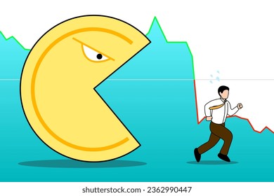 man run away cryptocurrency. block chain bitcoin etherium concept. 
