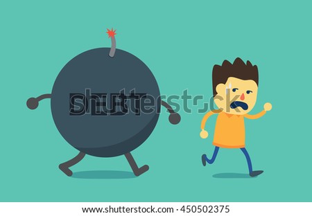 Man run away from debt bomb. This illustration is concept about not pay debt.
