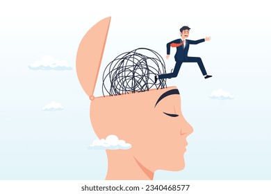 Man run away escape from mess tangled line brain on his open head, escapism, escape from depressed mind impacted by COVID-19 pandemic, exit or leave depression, anxiety or stressed lock down (Vector)