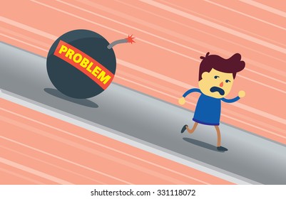 A man run away from problem bomb falling over on him. This illustration meaning a man be a coward he could not face problem.