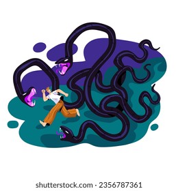 Man run away from snakes in dream concept. People sleep, person afraid unreal reptile, fantastic viper in nightmare. Dreamer suffer, fear in imagination. Flat isolated vector illustration on white