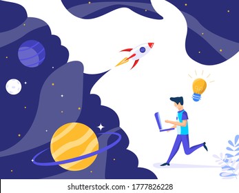 Man run carrying laptops to find ideas in a space. concept of technology. Vector illustration.