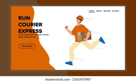 man run courier express vector. service parcel, shipping male, box worker man run courier express web flat cartoon illustration