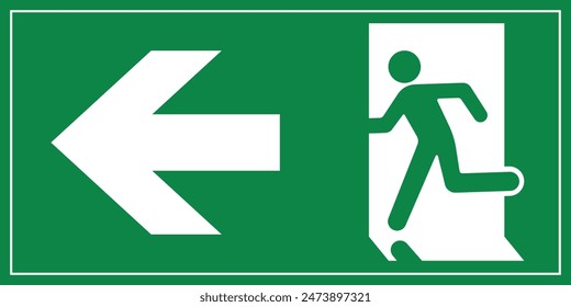 A Man Run to Exit Door Sign with Arrow show direction Left Symbolizing Emergency Evacuation