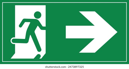 A Man Run to Exit Door Sign with Arrow show direction Right Symbolizing Emergency Evacuation