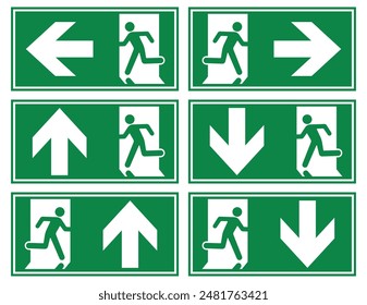 A Man Run to Exit Door Sign Set with Arrow show direction Left, Right, Up, Down Symbolizing Emergency Evacuation Green Symbol