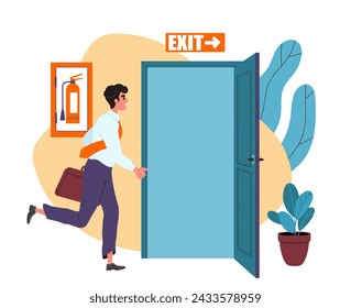 Man run to exit. Regulations of safety and protection. Accident, catastrophe and disaster in office. Young guy run from fire. Cartoon flat vector illustration isolated on white background