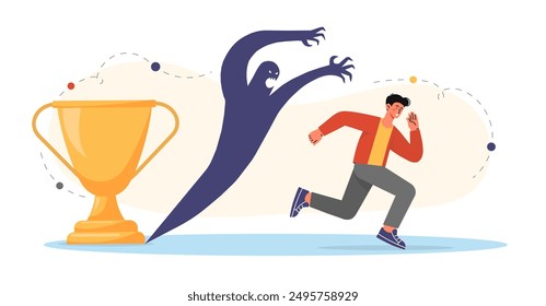 Man run from fear. Young guy runs away from shadow and golden cup. Mental problems and psychological disorder. Scared person. Negative feelings and emotions. Flat vector illustration