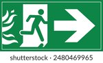 A Man Run to Fire Exit Door Sign with Arrow show direction Right Symbolizing Fire Emergency Evacuation Green Symbol