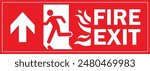 A Man Run to Fire Exit Door Sign with Arrow show direction Up Left Symbolizing Fire Emergency Evacuation Red Symbol