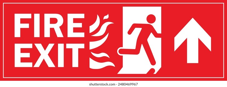 A Man Run to Fire Exit Door Sign with Arrow show direction Up Right Symbolizing Fire Emergency Evacuation Red Symbol