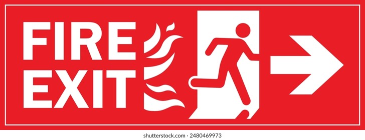 Ein Mann Run to Fire Ausgang Tür Schild mit Pfeil zeigen Richtung Rechts Symbolisieren Feuer Notfall Evakuierung Rotes Symbol
