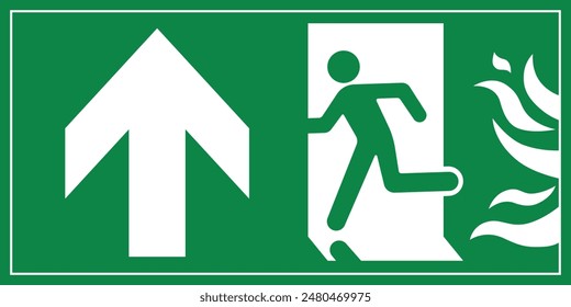 A Man Run to Fire Exit Door Sign with Arrow show direction Up Left Symbolizing Fire Emergency Evacuation Green Symbol