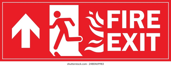 A Man Run to Fire Exit Door Sign with Arrow show direction Up Left Symbolizing Fire Emergency Evacuation Red Symbol