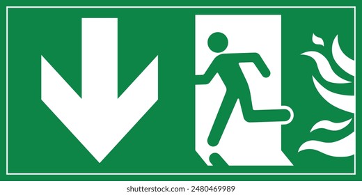 A Man Run to Fire Exit Door Sign with Arrow show direction Down Left Symbolizing Fire Emergency Evacuation Green Symbol