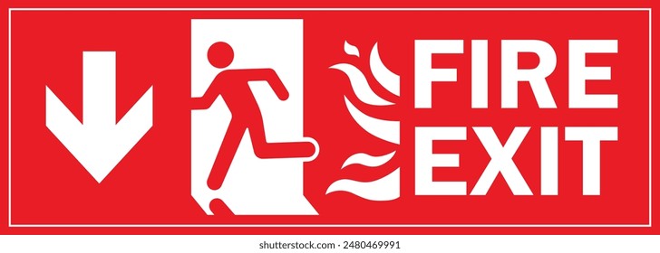 A Man Run to Fire Exit Door Sign with Arrow show direction Down Left Symbolizing Fire Emergency Evacuation Red Symbol