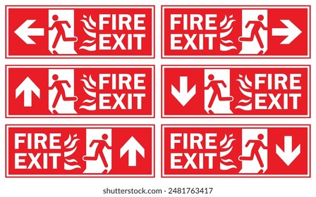 A Man Run to Fire Exit Door Sign set with Arrow show direction left, right, down, up Symbolizing Fire Emergency Evacuation Red Symbol