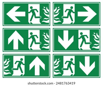 A Man Run to Fire Exit Door Sign set with Arrow show direction left, right, down, up Symbolizing Fire Emergency Evacuation Green Symbol