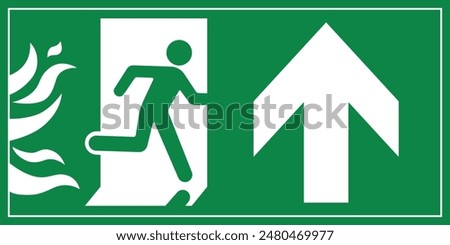 A Man Run to Fire Exit Door Sign with Arrow show direction Up Right Symbolizing Fire Emergency Evacuation Green Symbol