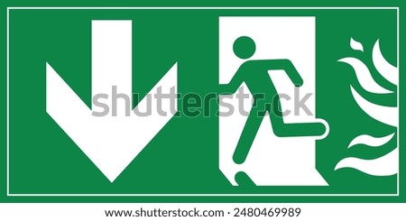 A Man Run to Fire Exit Door Sign with Arrow show direction Down Left Symbolizing Fire Emergency Evacuation Green Symbol