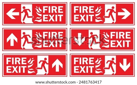 A Man Run to Fire Exit Door Sign set with Arrow show direction left, right, down, up Symbolizing Fire Emergency Evacuation Red Symbol
