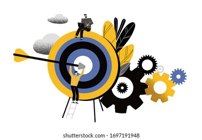 Man run to goal ,move up motivation, the path to the target's achievement. Concept of innovation in business, winning strategy, efficiency. Modern flat cartoon vector illustration.