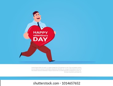 Man Run Holding Big Heart Shaped Greeting card With Happy Valentines Day Concept Flat Vector Illustration