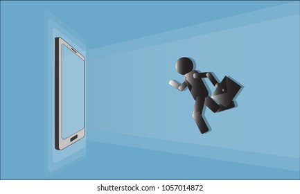 man run into smartphone for work