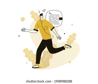 Man Run And Listen Music Or Audiobook. Jogging And Sprint. Vector Illustration For Sport And Activity Contents, Blog, Vlog, Telework, Remote Working And Freelancing, Business, Start Up And Social Medi