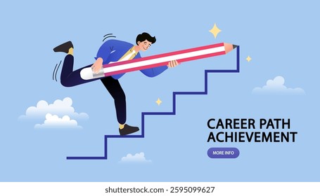 man run on stairs to award on top. Concept of reading and knowledge help achieve goals, success in education and career. Modern Vector flat illustration .