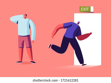 Man Run to Open Door with Exit Signboard. New Opportunity, Room Escape, Challenge, Success, Right Solution. Male Character Leaving Home during Covid 19 Lockdown. Cartoon People Vector Illustration