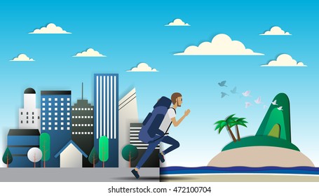 Man run out of city to the beach paper art vector illustration