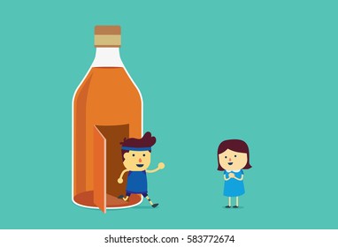 Man run out of liquor bottle for go to girlfriend. This illustration about quit drinking alcohol.