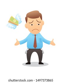 man run out of money. bankruptcy Lack of money. show empty pocket. cartoon isolated vector illustration
