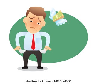 man run out of money. bankruptcy Lack of money. show empty pocket. cartoon isolated vector illustration