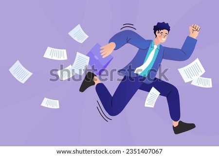 Man run with paperwork. character with flying papers. Office worker holding documents running. Worker failure deadline, stressing, busy. Employee hurry and panic. Flat vector illustration.