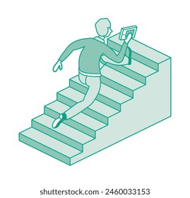 Man run up set of stairs. He is holding book in hand. Isometric concept of success, urgency and determination. Businessman climbing stairs of success. Outline concept. Vector illustration.