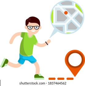 Man run with smart watch. Navigation and route search. Modern technology. Sports and Hobbies. Healthy lifestyle. Cartoon flat illustration. Young boy in shorts. Tracking and city map