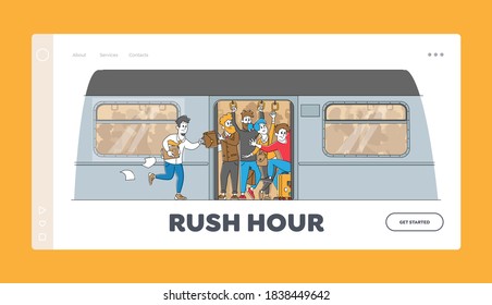 Man läuft in U-Bahn-Plattform zu Crowded Train in Rushtime Landing Page Template. Charaktere, die einander in Full Metro in Station in Peak Hour, Verkehrsproblem. Vektorgrafik von Linear People