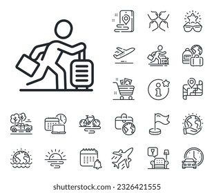 Man run with travel baggage sign. Plane jet, travel map and baggage claim outline icons. Travel delay line icon. Passenger is late symbol. Travel delay line sign. Vector