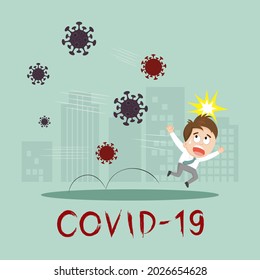 Man runaway from corona virus attacking, Coronavirus or virus covid-19 is attacking, illustration vector cartoon