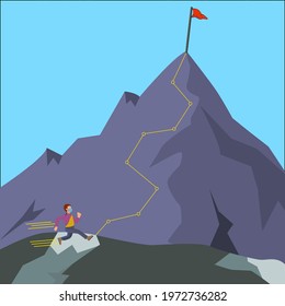 Man runing mountain with flag on top on his way to success.  Business success Vector. Flat cartoon style. Vector illustration.