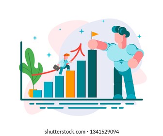 Man runing to their goal on the column of columns, move up motivation, the path to the target's achievement. Modern vector illustration. - Vector illustration