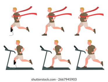 Homem corredor. Homem de corrida. Homem acima do peso. Homem com uma perna protética. Correndo em uma esteira. Estilo plano.