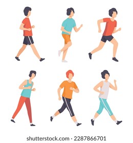 Man Runner in Sportive Clothes Running and Jogging Engaged in Sport Activity Vector Set