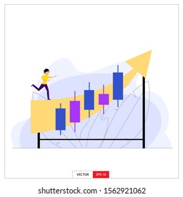 a man is running above the up arrow, which shows positive trading results and achieving success. Vector illustration flat design style.