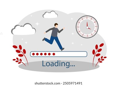 A man running across the loading bar. Waiting loading file process concept vector illustration