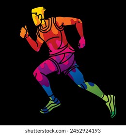 A Man Running Action Marathon Runner Male Movement Cartoon Sport Graphic Vector