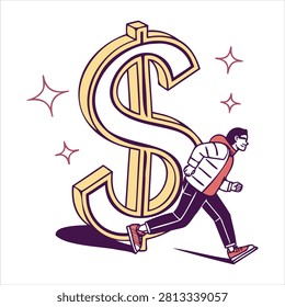 Man running after big dollar sign with stars around chasing money