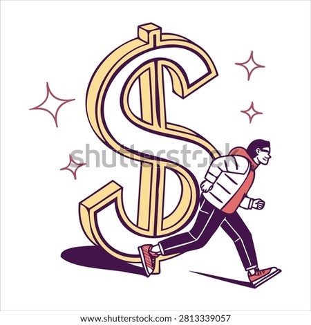 Man running after big dollar sign with stars around chasing money
